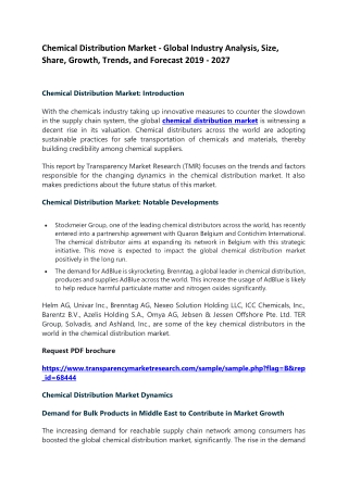 Chemical Distribution Market - Global Industry Analysis, Size, Share, Growth, Trends, and Forecast 2019 - 2027