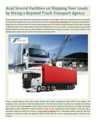 Avail Several Facilities on Shipping Your Loads by Hiring a Reputed Truck Transport Agency