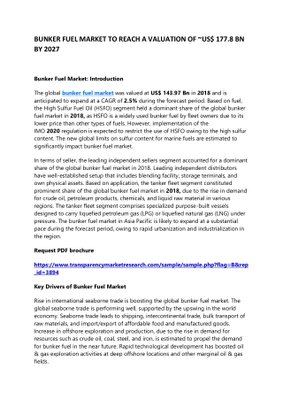 BUNKER FUEL MARKET TO REACH A VALUATION OF ~US$ 177.8 BN BY 2027