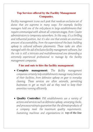 Services offered by the Facility Management Companies