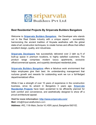 Best Residential Projects By Sriparvata Builders Bangalore