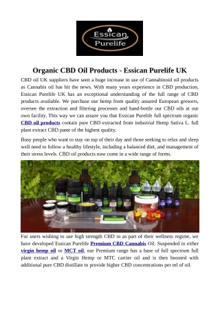 Organic CBD Oil Products - Essican Purelife UK