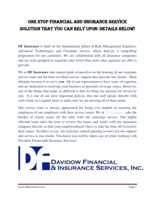 One Stop Financial and Insurance Service solution that you can rely upon: Details below!