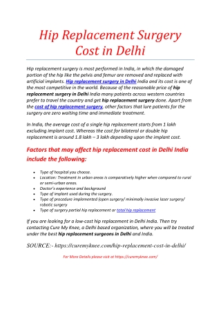 Hip replacement surgery cost in Delhi