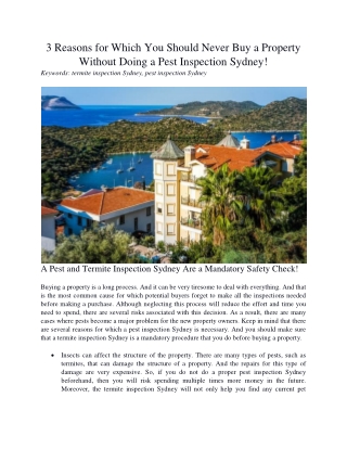 3 Reasons for Which You Should Never Buy a Property Without Doing a Pest Inspection Sydney!