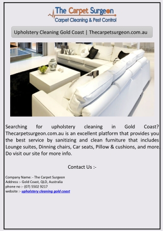 Upholstery Cleaning Gold Coast | Thecarpetsurgeon.com.au
