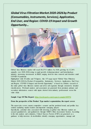 Global Virus Filtration Market 2020-2026 by Product (Consumables, Instruments, Services), Application, End User, and Reg