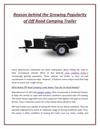 Reason behind the Growing Popularity of Off Road Camping Trailer