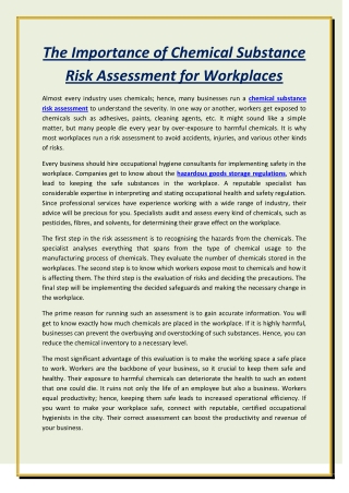 The Importance of Chemical Substance Risk Assessment for Workplaces