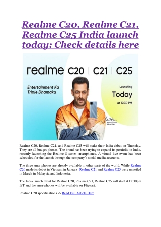 Realme C20, Realme C21, Realme C25 India launch today: Check details here