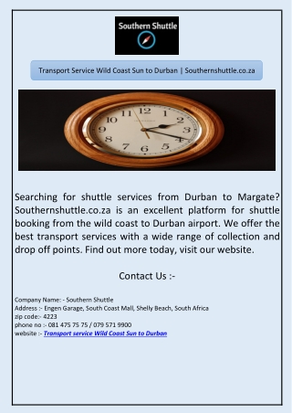 Transport Service Wild Coast Sun to Durban | Southernshuttle.co.za