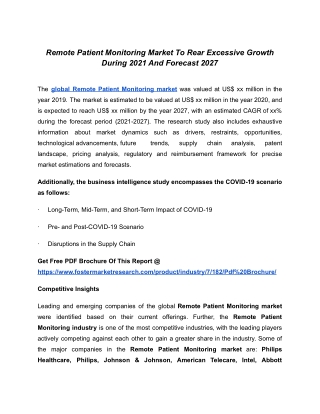 Remote Patient Monitoring Market Predicts Rise In Demand And Industry Analysis By 2027