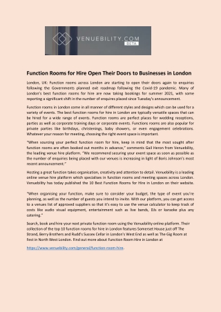 Function Rooms for Hire Open Their Doors to Businesses in London