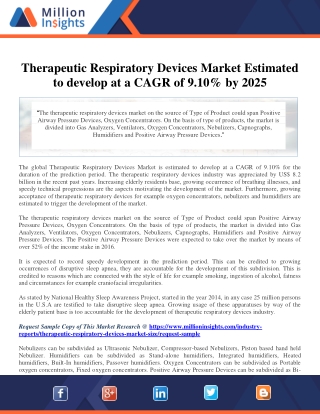 Therapeutic Respiratory Devices Market Estimated to develop at a CAGR of 9.10% by 2025