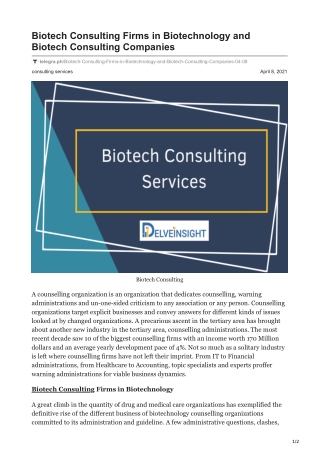 Biotech Consulting Firms in Biotechnology and Biotech Consulting Companies