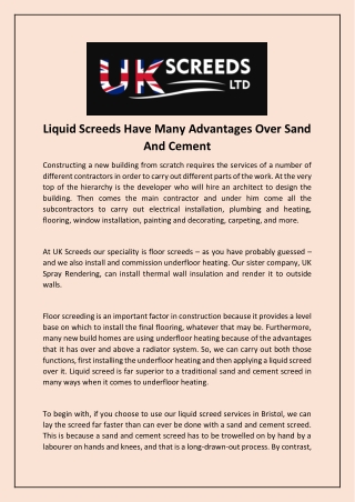 Liquid Screeds Have Many Advantages Over Sand And Cement