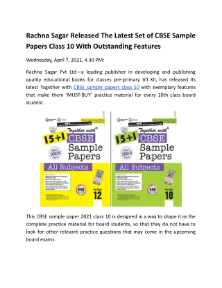 Rachna Sagar Released The Latest Set of CBSE Sample Papers Class 10 With Outstanding Features