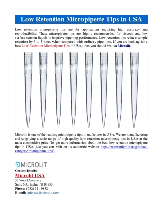 Low Retention Micropipette Tips in USA