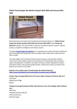 Global Tinned Copper Bar Market Analysis 2016-2020 and Forecast 2021-2026