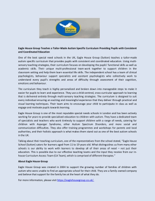 Eagle House Group Teaches a Tailor-Made Autism Specific Curriculum Providing Pupils with Consistent and Coordinated Educ