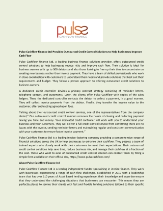 Pulse Cashflow Finance Ltd Provides Outsourced Credit Control Solutions to Help Businesses Improve Cash Flow