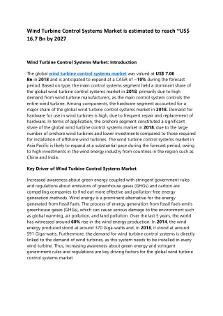 Wind Turbine Control Systems Market is estimated to reach ~US$ 16.7 Bn by 2027