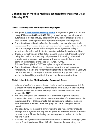 2-shot Injection Molding Market is estimated to surpass US$ 14.67 Billion by 2027