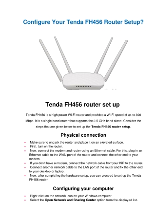 Get Tenda FH456 Router Setup | Connection Settings
