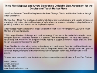 Three Five Displays and Arrow Electronics Officially Sign Agreement for the Display and Touch Market Place