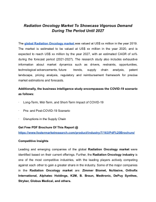 Radiation Oncology Market To Showcase Vigorous Demand During The Period Until 2027