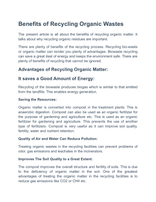 Recycling of the Organic Residues