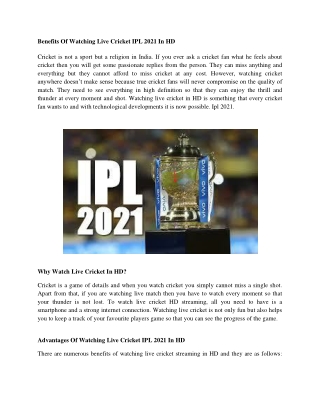 Benefits Of Watching Live Cricket IPL 2021 In HD