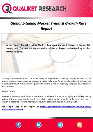 Global  E-tailing Market Research Report Based on Technology Advancement, Application and Outlook Analysis