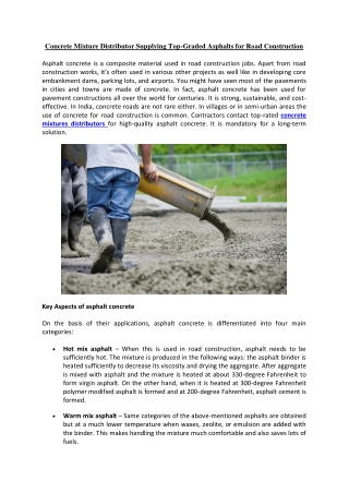 Concrete Mixture Distributors have been Supplying Top-Graded Asphalts for Road Construction