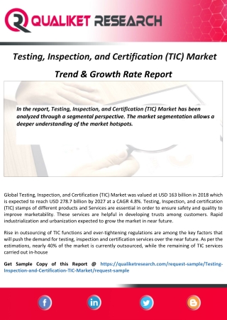 Testing, Inspection, and Certification (TIC) Market  Assessment, Opportunities, Insight, Trends, Key Players – Analysis