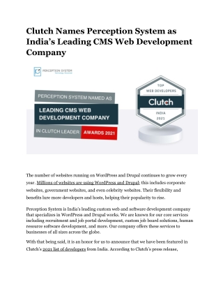 Clutch Names Perception System as India’s Leading CMS Web Development Company