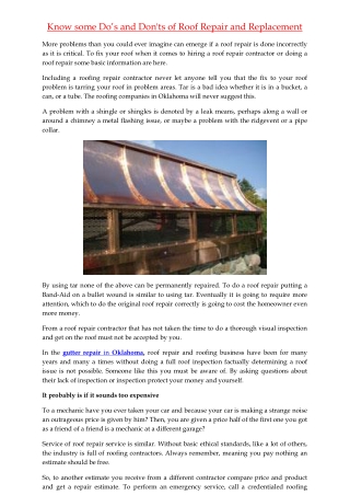 Know some Do’s and Don'ts of Roof Repair and Replacement