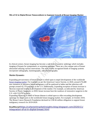 Mix of AI in Digital Breast Tomosynthesis to Augment Growth of Breast Imaging Market