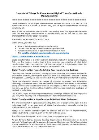 Important Things To Know About Digital Transformation in Manufacturing