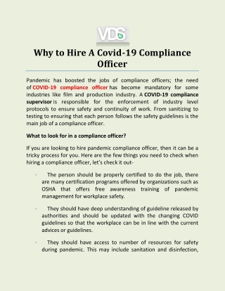 Why to Hire A Covid-19 Compliance Officer