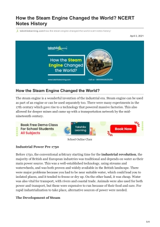 How Has The Steam Engine Changed The World? Class 10 History