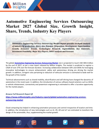 Automotive Engineering Services Outsourcing Market 2021 Key Players, Industry Overview, Supply Chain And Analysis To 202