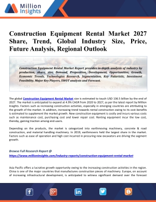 Construction Equipment Rental Market 2027 Global Industry Trends, Growth, Share, Size And Upcoming Challenges