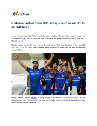 Is Mumbai Indians Team 2021 strong enough to win IPL for the sixth time?