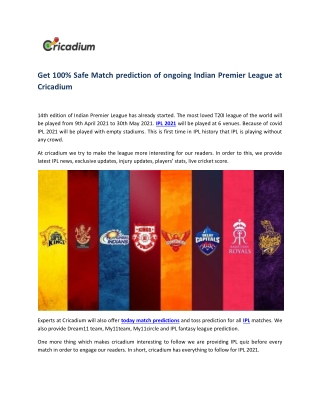 Get 100% Safe Match prediction of ongoing Indian Premier League at Cricadium
