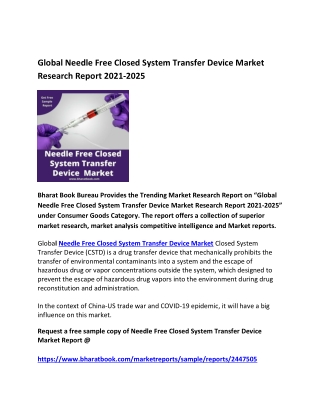 Global Needle Free Closed System Transfer Device Market Forecast 2021-2025