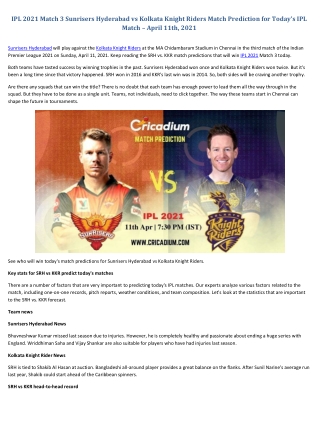 SRH vs KKR Match Prediction Who will Win Today IPL 2021 Match 3 – April 11th, 2021