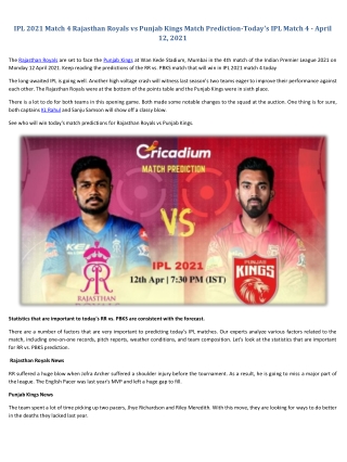 RR vs PBKS Match Prediction Who will Win Today IPL 2021 Match 4- April 12th, 2021