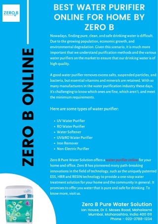 Best Water Purifier Online for Home by Zero B