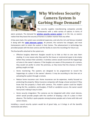 Why Wireless Security Camera System Is Garbing Huge Demand